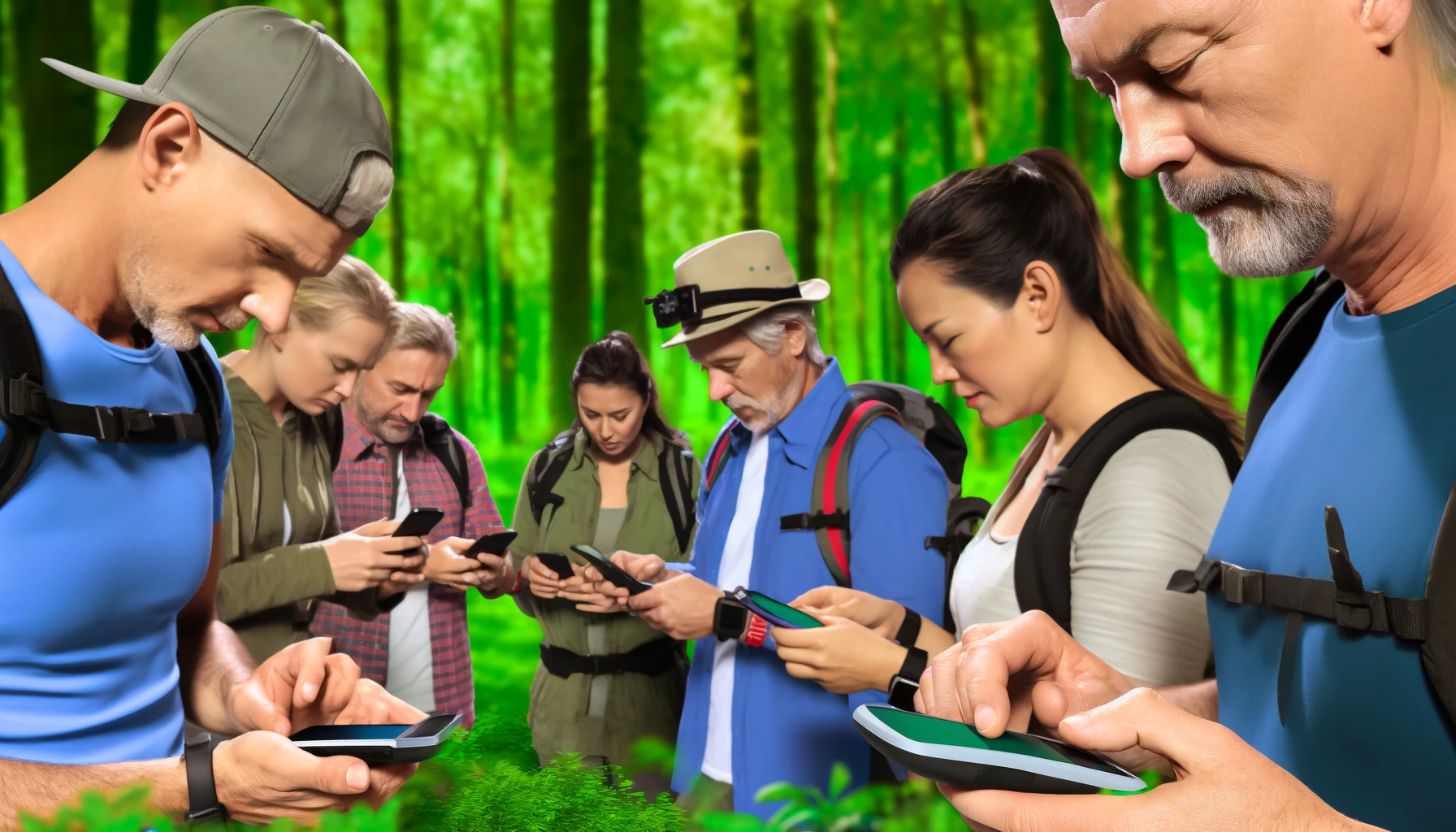 A diverse group of geocachers using smartphones and GPS devices in a lush forest setting, searching intently for a hidden geocache.