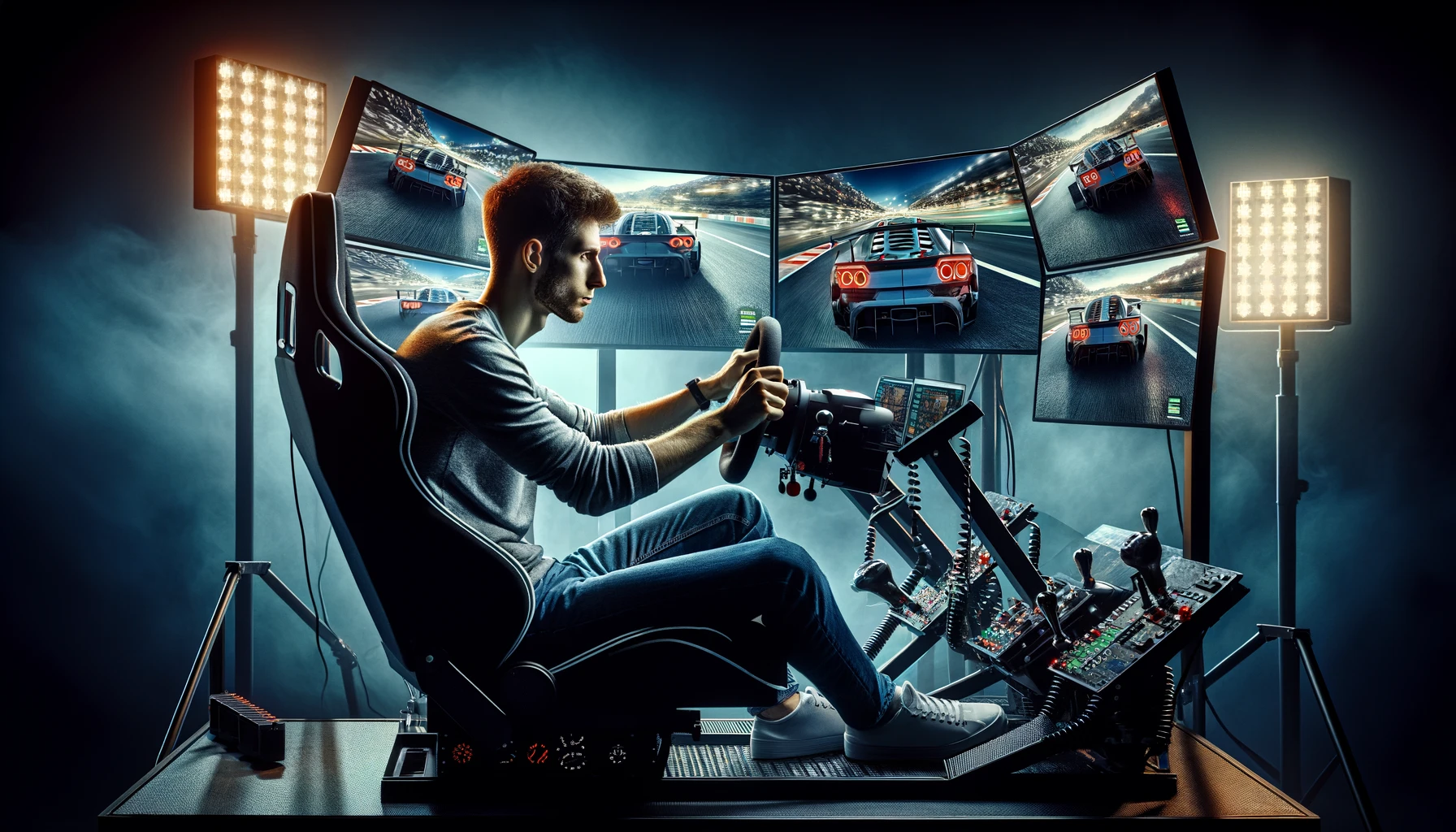 A player deeply immersed in a car simulation game, seated in a racing simulator cockpit with a realistic setup that reflects the immersive experience of modern car simulation games.