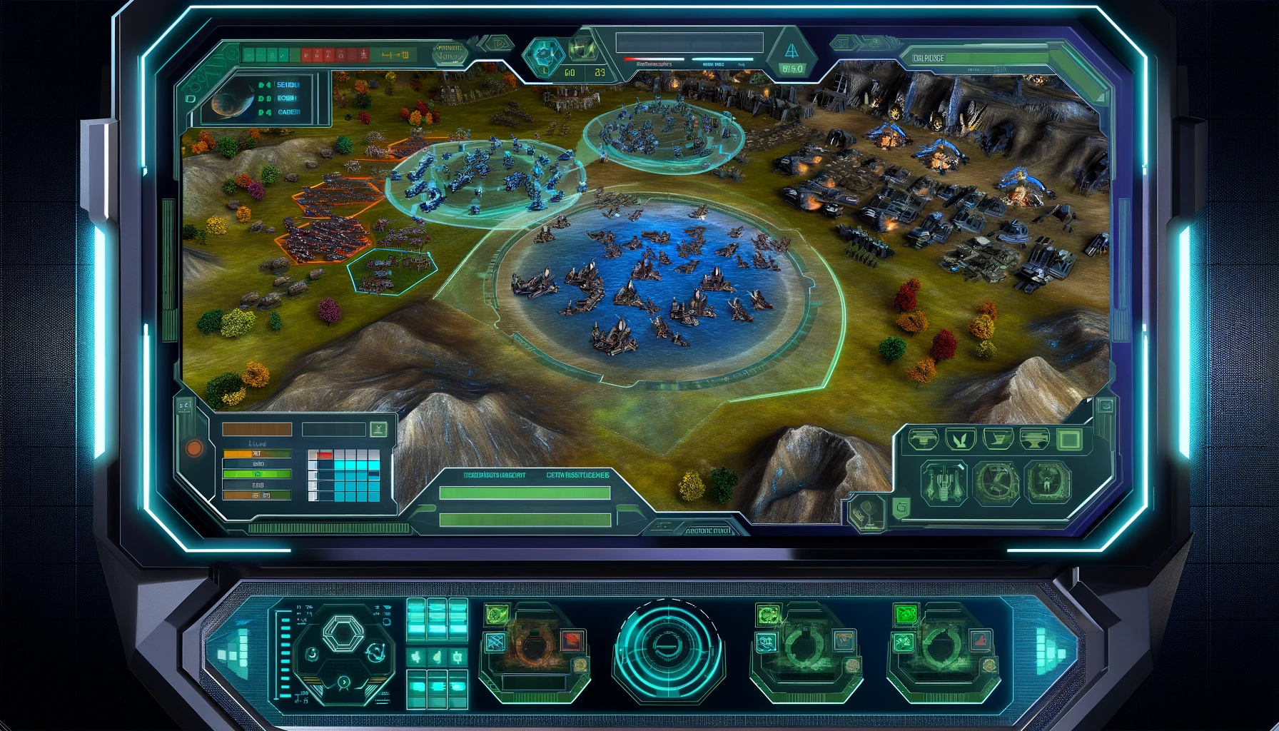 strategy game interface, featuring a battle scene with advanced tactical units on a highly detailed digital map