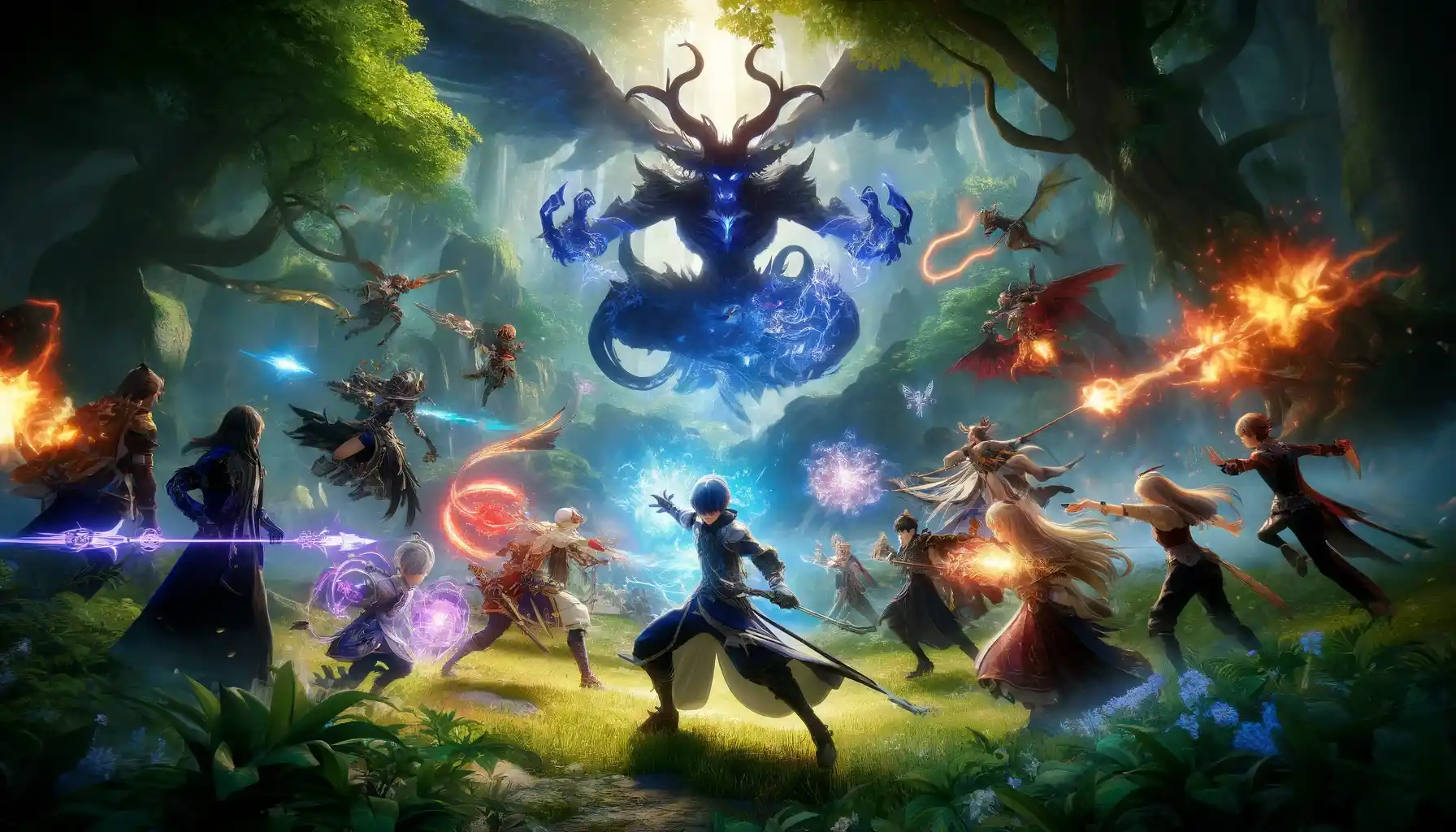 An intense battle scene from "Genshin Impact," featuring characters using their unique elemental abilities in a lush, magical forest, capturing the dynamic and strategic combat of the game.