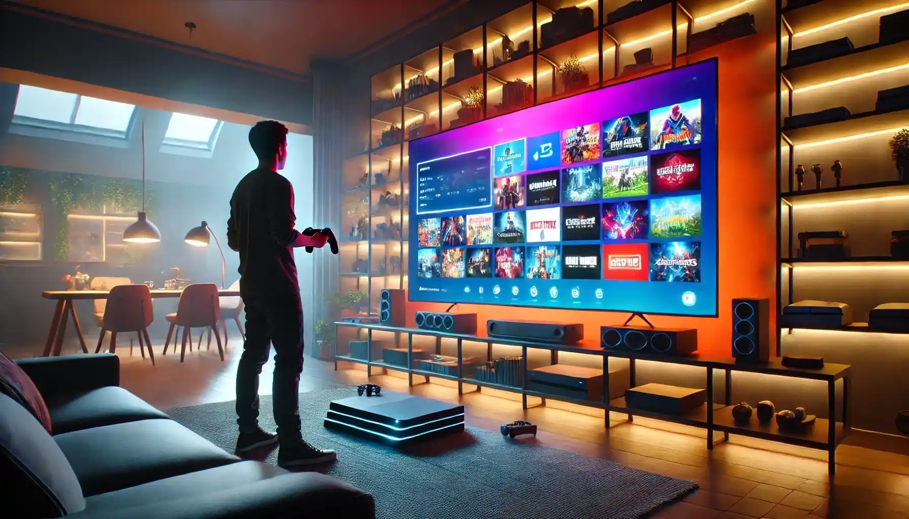 A novice gamer is choosing a new game on a large modern TV screen displaying a bright interface with plenty of game options.