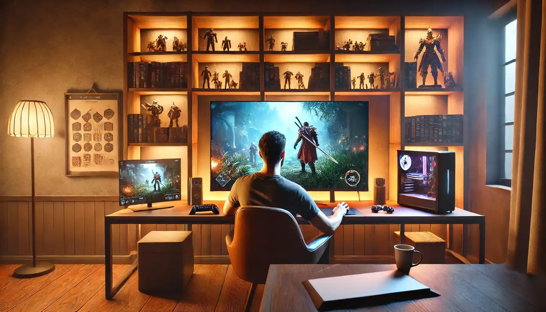 A gamer immersed in a colorful role-playing game on a large monitor in his room.