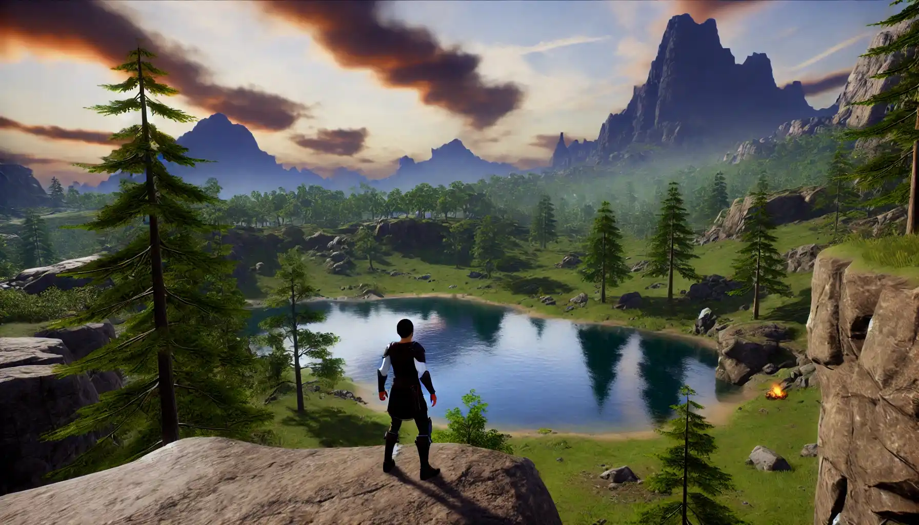 an open-world gaming environment inspired by a fantasy adventure game. The scene features a vast, scenic landscape with lush forests, towering mountains in the background, and a tranquil lake reflecting a dramatic sky. 