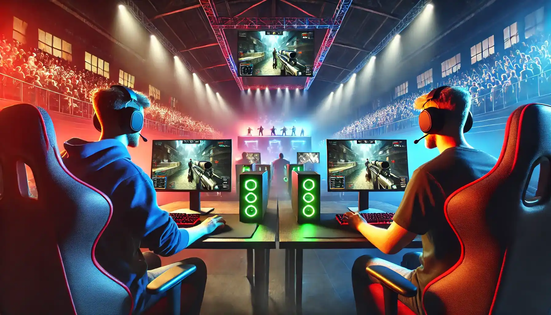 a competitive gaming scene featuring two players in an esports tournament. Each is seated at a high-performance gaming station with RGB lighting, large monitors displaying an intense game moment, and an audience in the blurred background cheering them on.