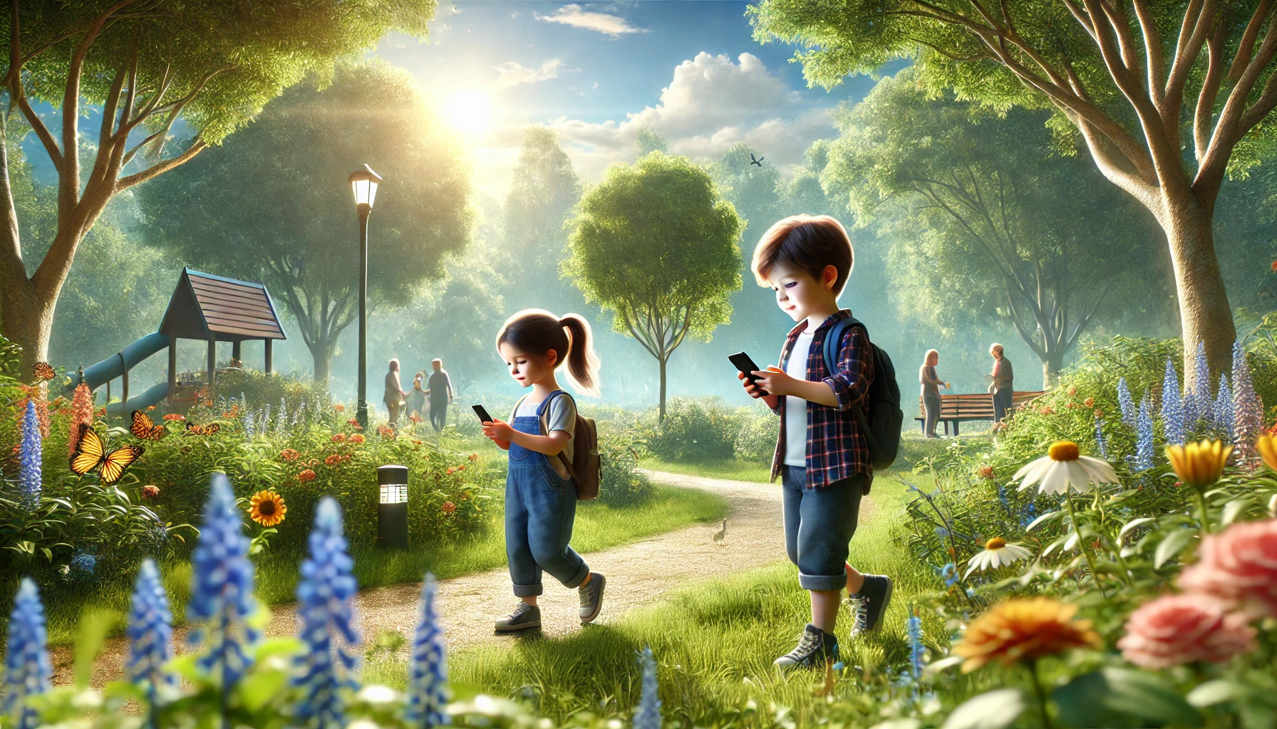 A small boy and girl, dressed in casual clothes, explore a lush, green park using their smartphones, surrounded by trees, flowers, and a winding path under a sunny sky with scattered clouds.