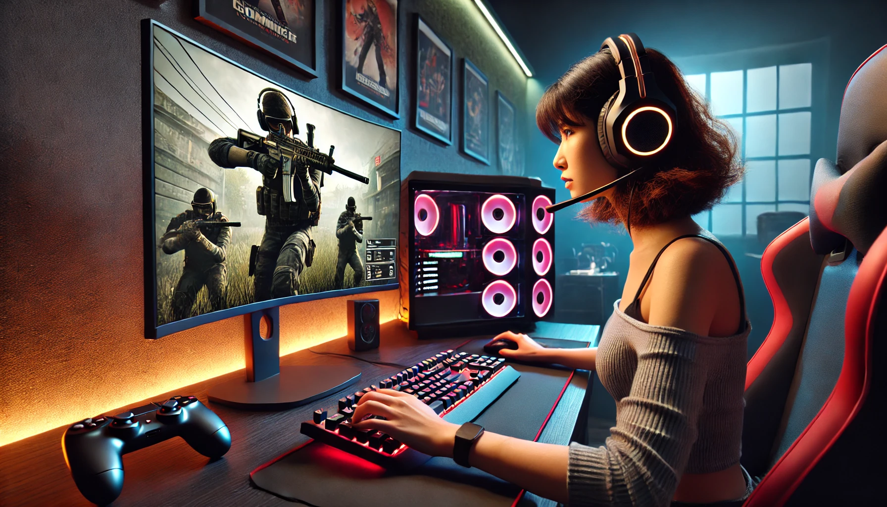 a female gamer of Asian ethnicity, playing a first-person shooter (FPS) video game on a high-end gaming computer.