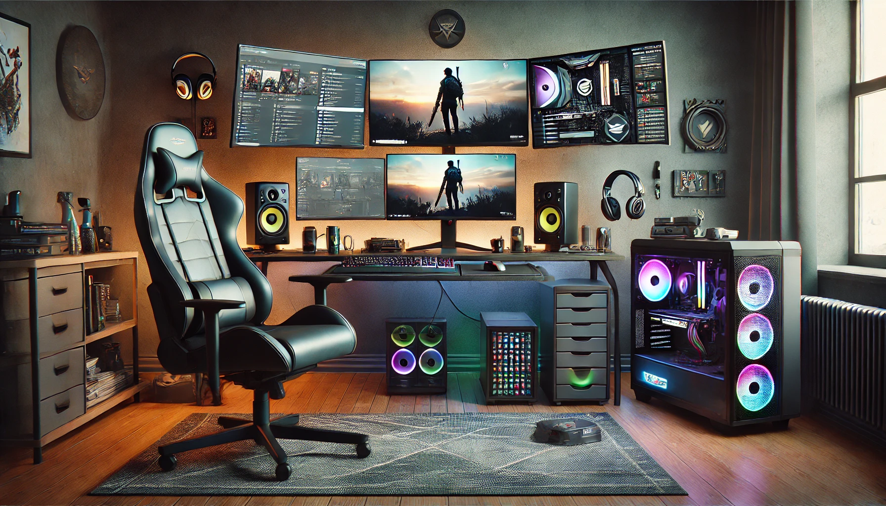 a mid-range gaming setup in a modern room. The setup includes a well-balanced gaming PC with some RGB lighting, dual monitors displaying a game and streaming software, a mechanical keyboard, a gaming mouse, and a comfortable gaming chair. 