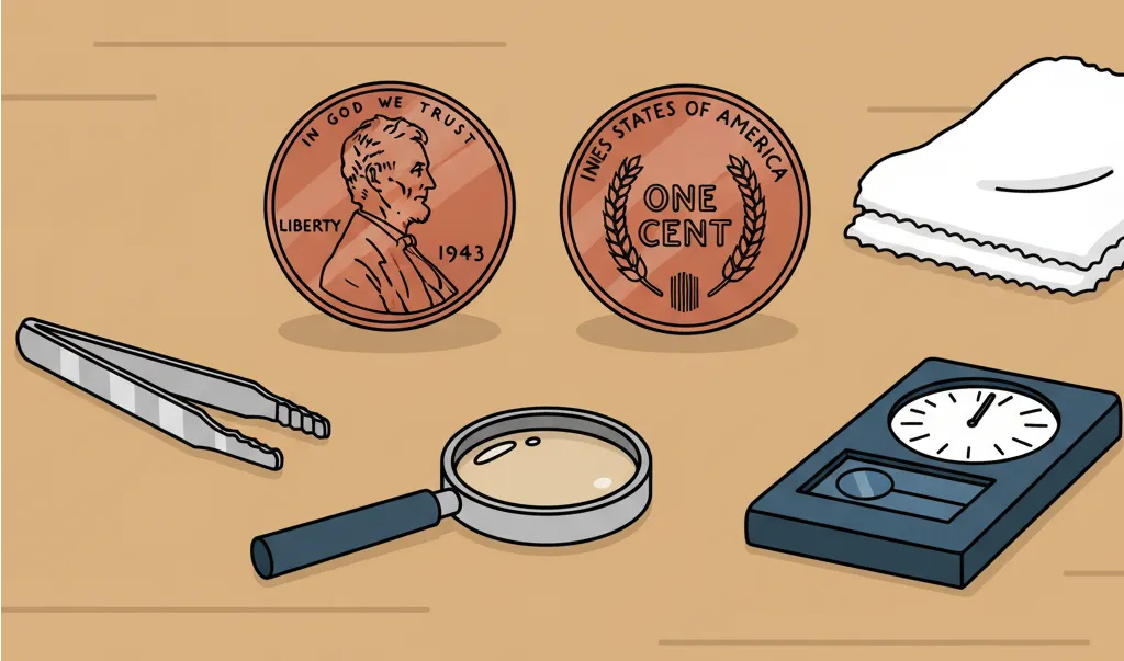 The 1943 Copper Penny coins on table near some numismatic tools