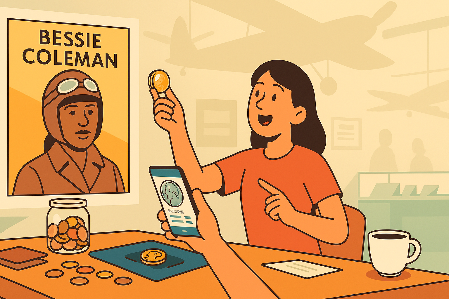  A woman in an aviation museum points at the Bessie Coleman quarter.